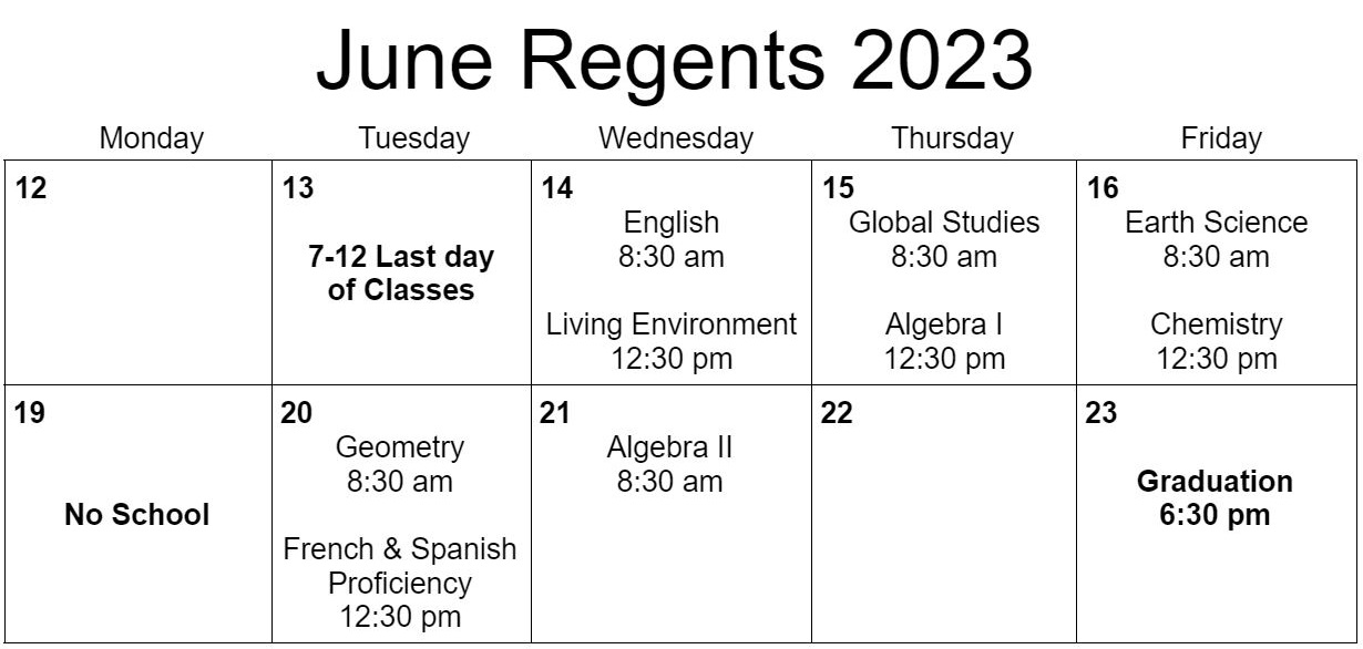Click to view June Regents Schedule 2023